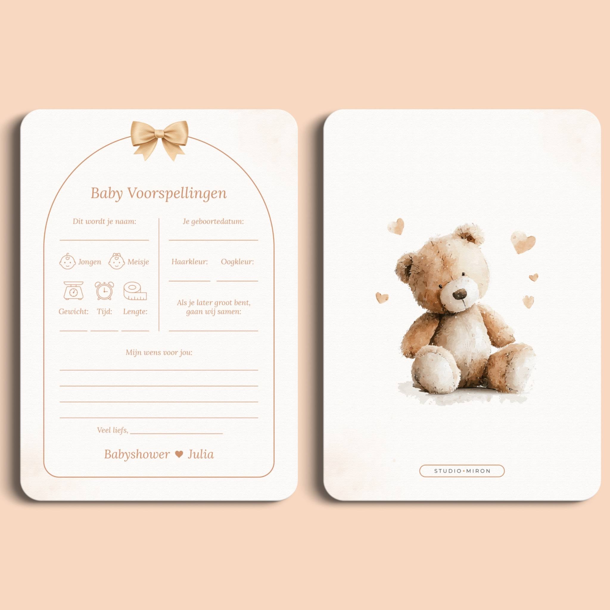 Babyshower invulkaarten baby voorspellingen boho beige beertje voor en achter Studio Miron