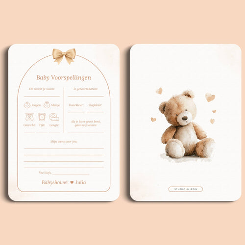 Babyshower invulkaarten baby voorspellingen boho beige beertje voor en achter Studio Miron