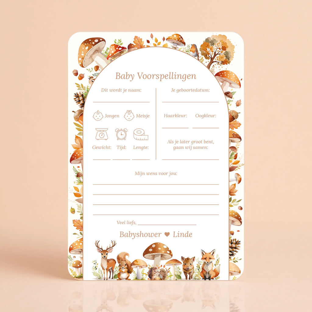 Babyshower invulkaart Baby Voorspellingen in Bosdieren stijl, gepersonaliseerd met naam – Studio Miron