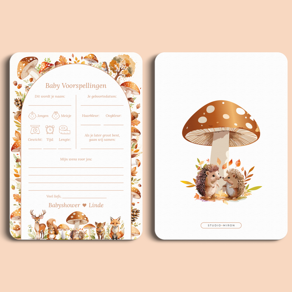 Babyshower invulkaart Baby Voorspellingen in Bosdieren stijl, voor- en achterkant – Studio Miron