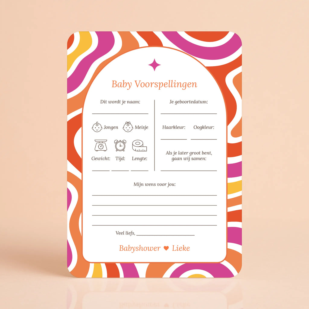 Babyshower invulkaart Baby Voorspellingen in Flower Power stijl, gepersonaliseerd – Studio Miron