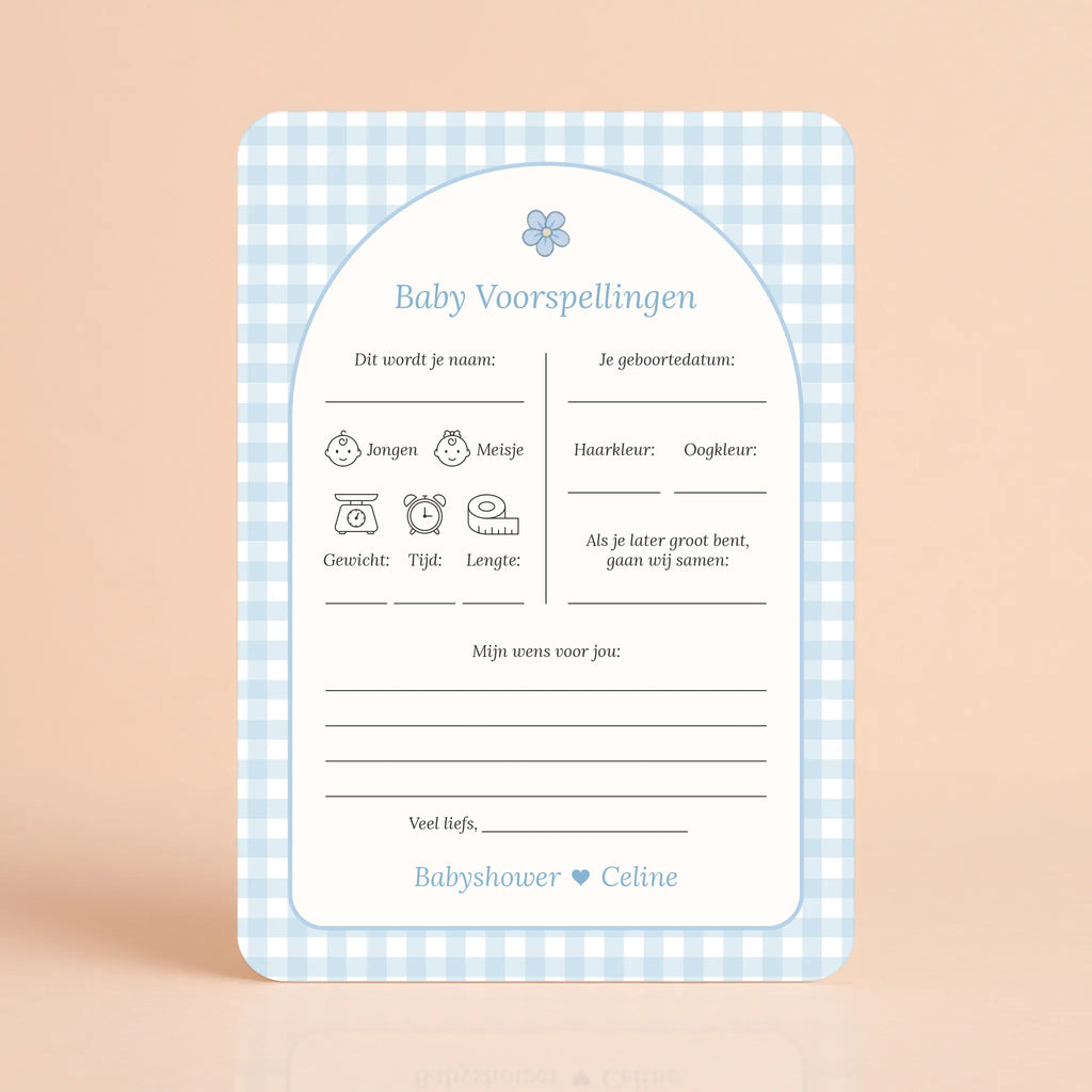 Babyshower invulkaarten baby voorspellingen gingham blauw gepersonaliseerd Studio Miron