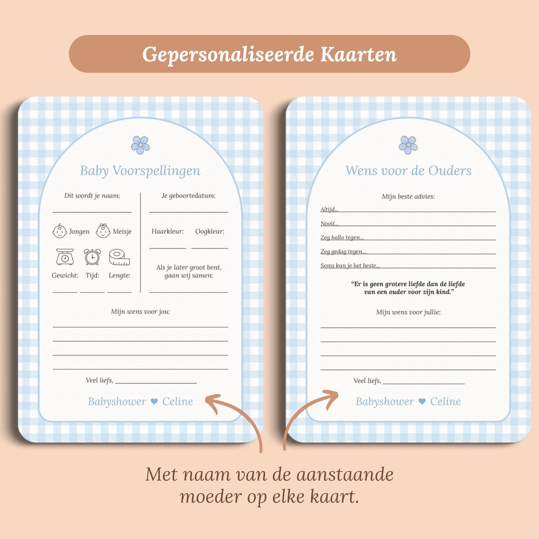 Babyshower invulkaarten baby voorspellingen gingham blauw gepersonaliseerd voor en achter Studio Miron