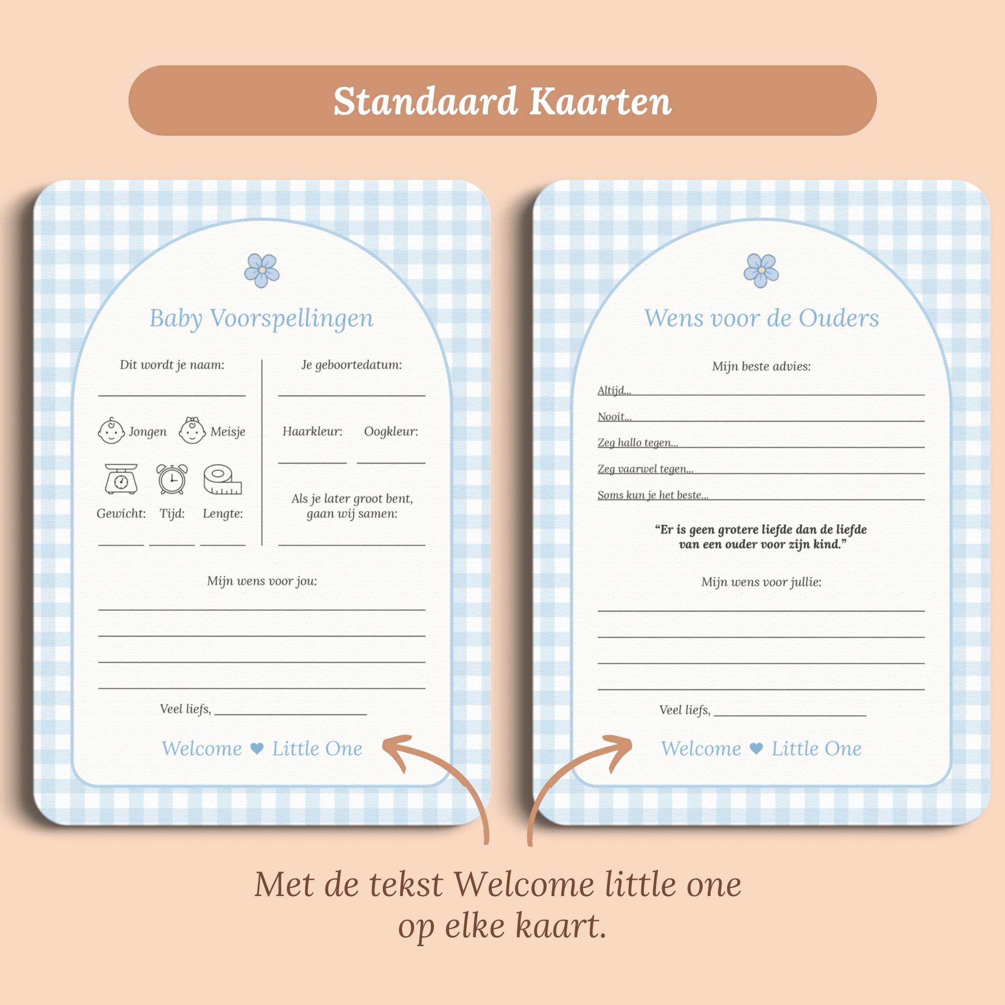 Babyshower invulkaarten baby voorspellingen gingham blauw standaard voor en achter Studio Miron