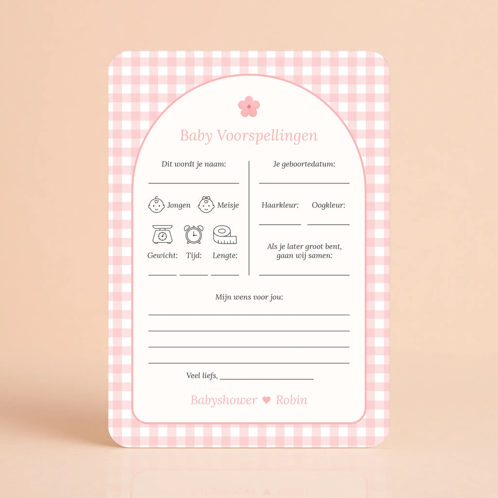 Babyshower invulkaarten baby voorspellingen gingham roze gepersonaliseerd Studio Miron