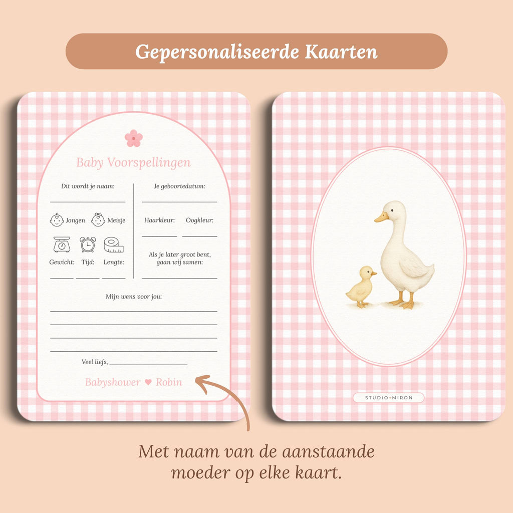 Babyshower invulkaarten baby voorspellingen gingham roze gepersonaliseerd voor en achter Studio Miron