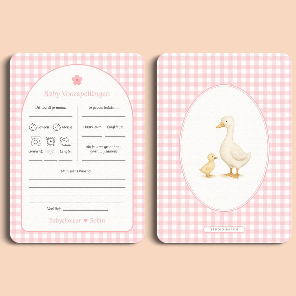 Babyshower invulkaarten baby voorspellingen gingham roze voor en achter Studio Miron