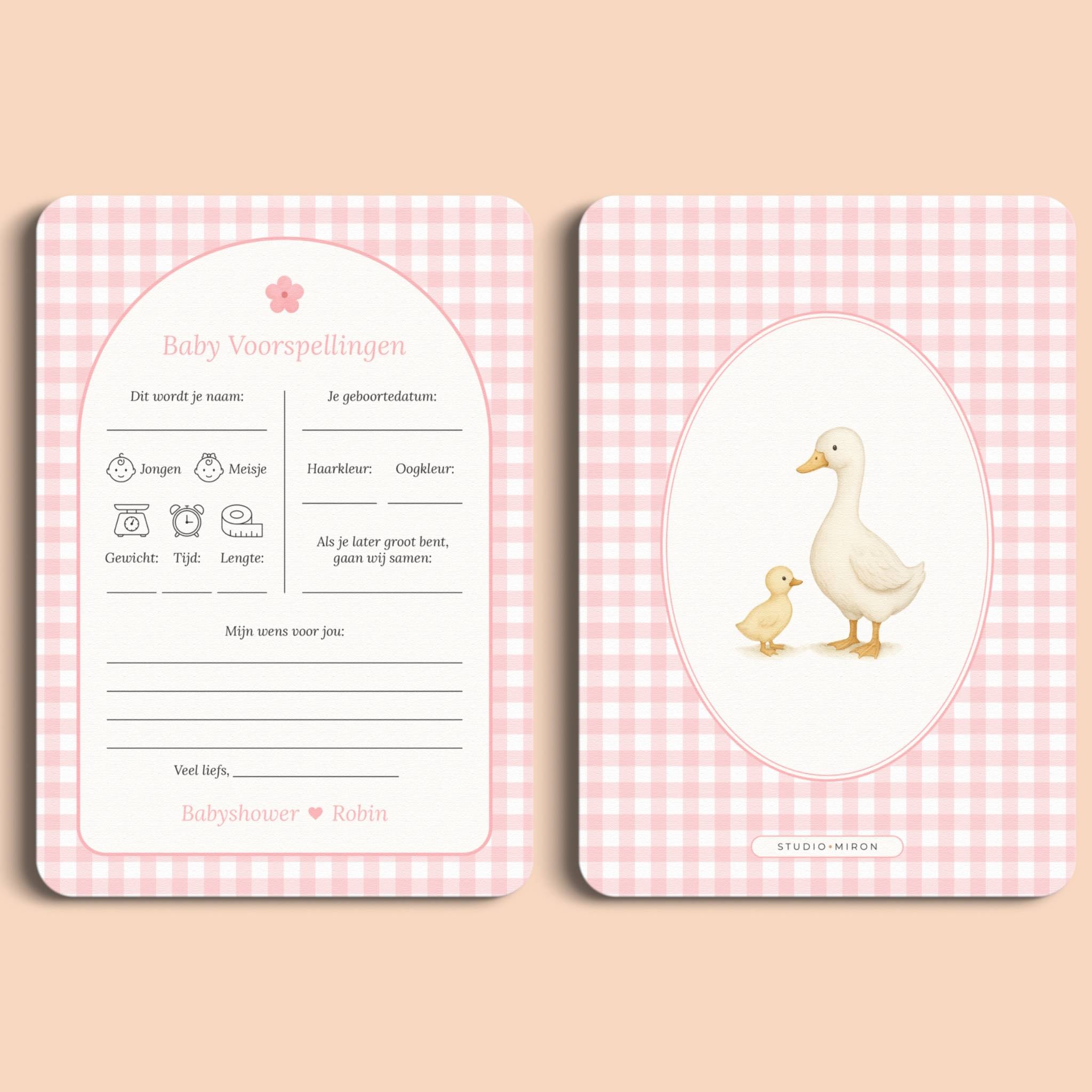 Babyshower invulkaarten baby voorspellingen gingham roze voor en achter Studio Miron