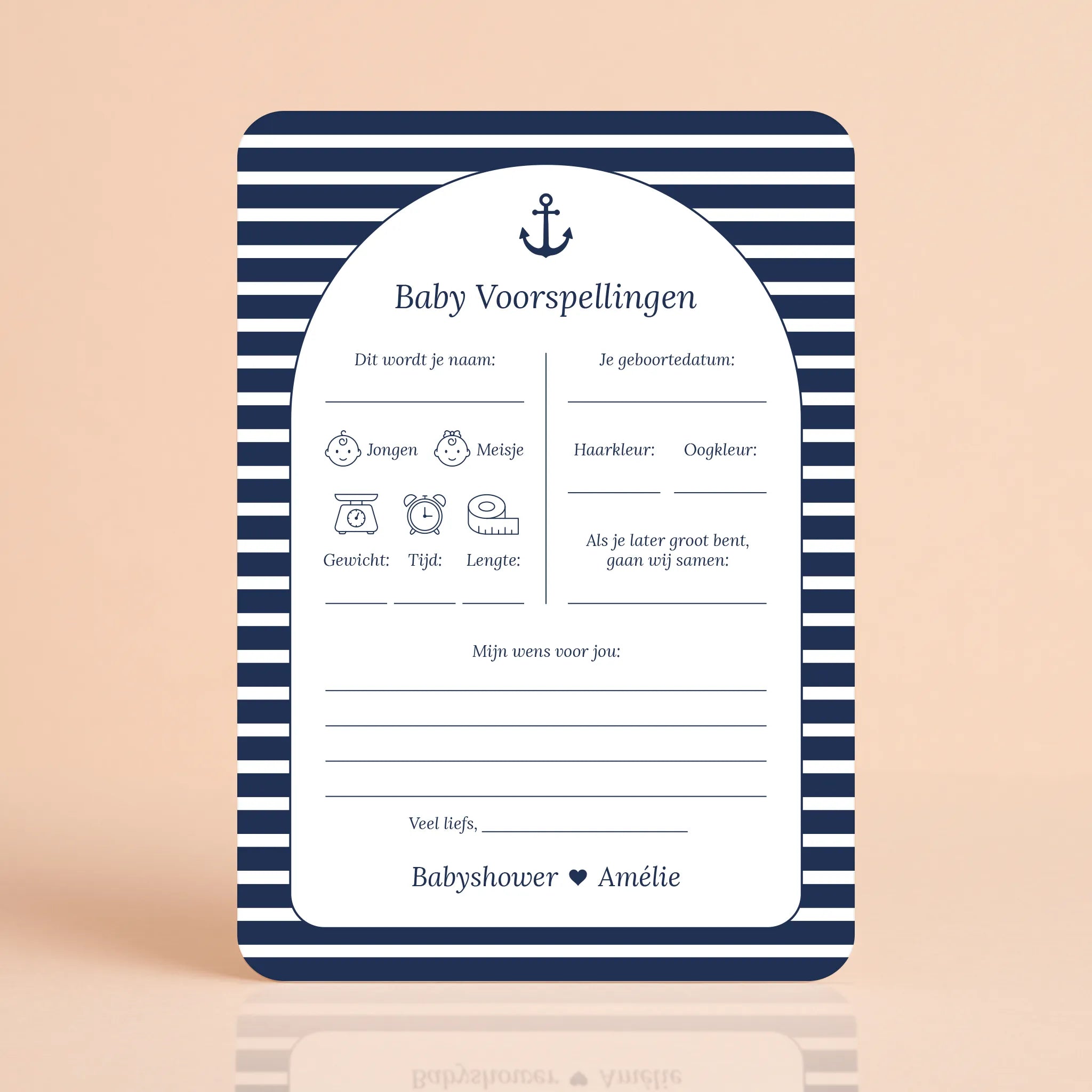 Babyshower invulkaart Baby Voorspellingen in Navy Blue stijl, gepersonaliseerd met naam – Studio Miron