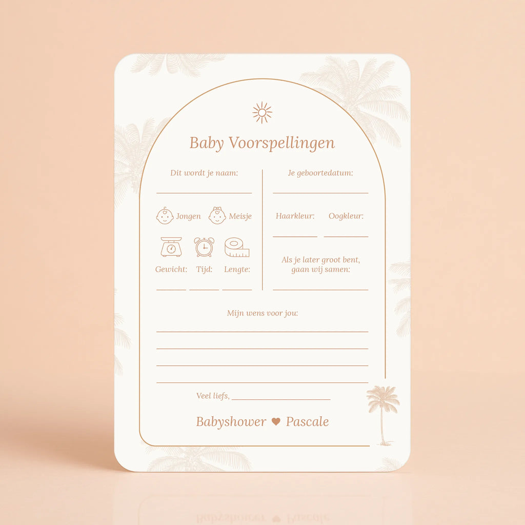 Babyshower invulkaart Baby Voorspellingen in Palmbomen stijl, gepersonaliseerd met naam – Studio Miron