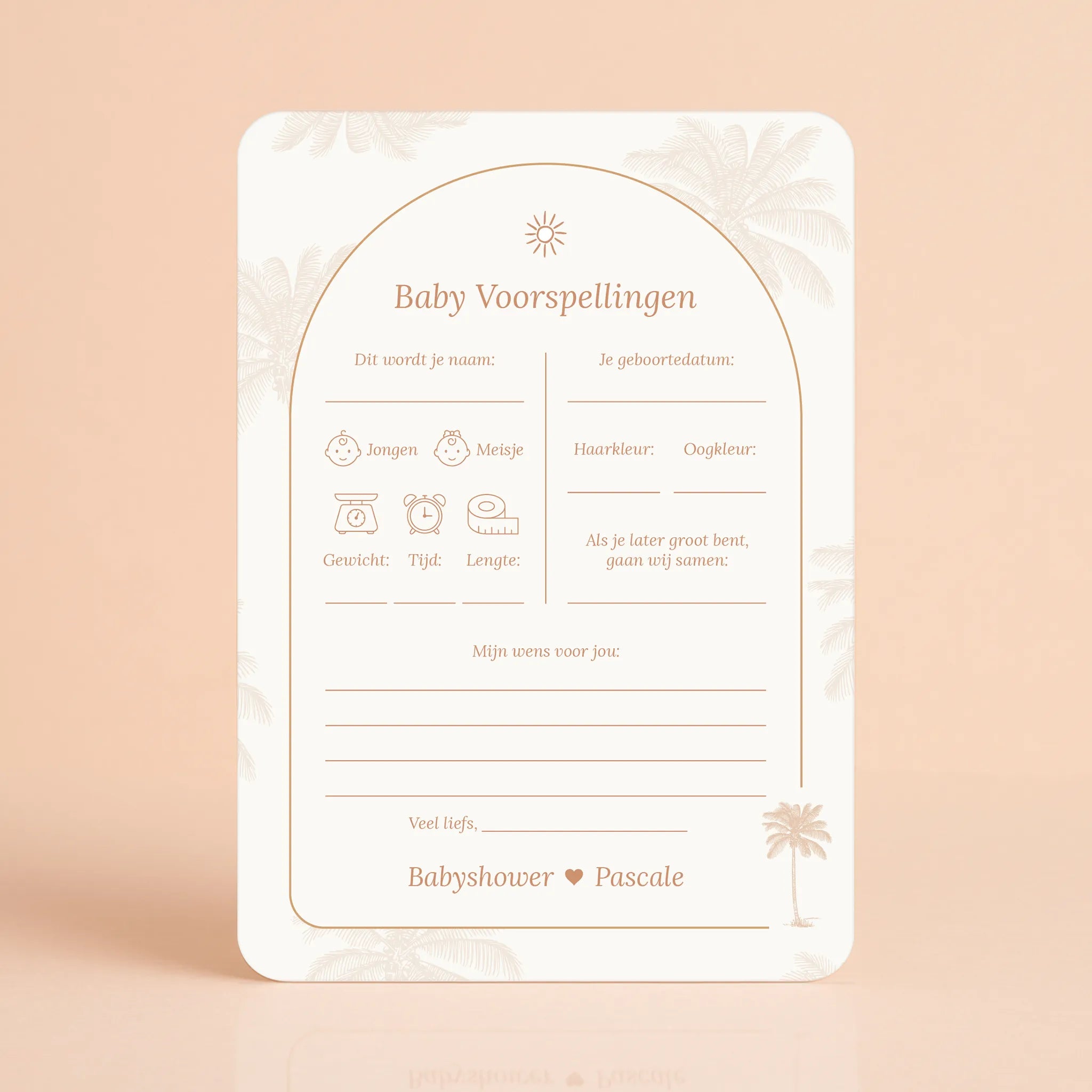 Babyshower invulkaart Baby Voorspellingen in Palmbomen stijl, gepersonaliseerd met naam – Studio Miron
