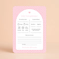 Baby Voorspellingen kaart met witte hartjes op roze achtergrond, gepersonaliseerd met naam – Studio Miron