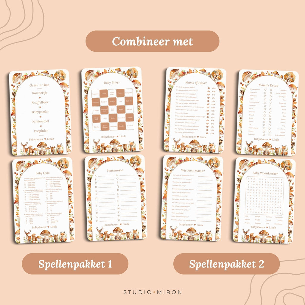 Babyshower invulkaarten combineer met spellenpakket 1 en spellenpakket 2 bosdieren Studio Miron