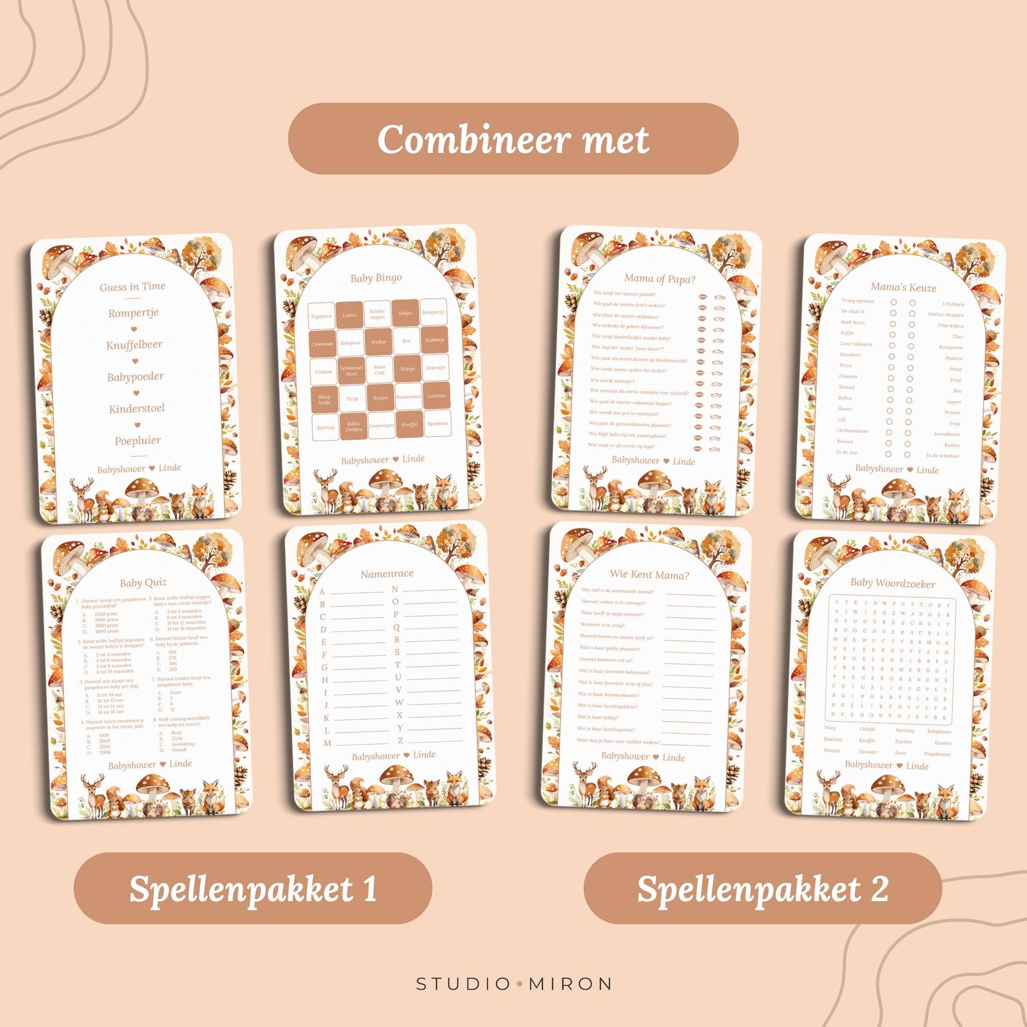 Babyshower invulkaarten combineer met spellenpakket 1 en spellenpakket 2 bosdieren Studio Miron