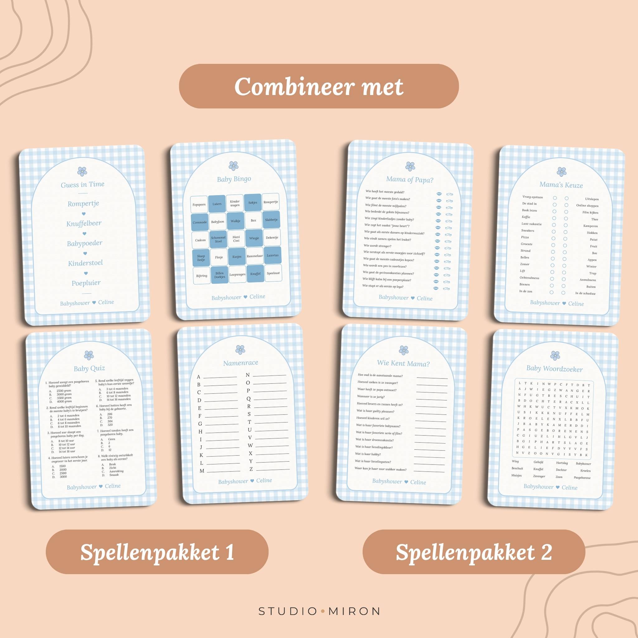 Babyshower invulkaarten combineer met spellenpakket 1 en spellenpakket 2 gingham blauw Studio Miron