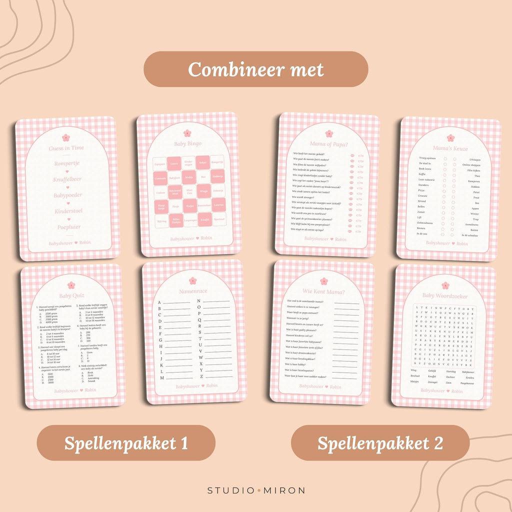 Babyshower invulkaarten combineer met spellenpakket 1 en spellenpakket 2 gingham roze Studio Miron