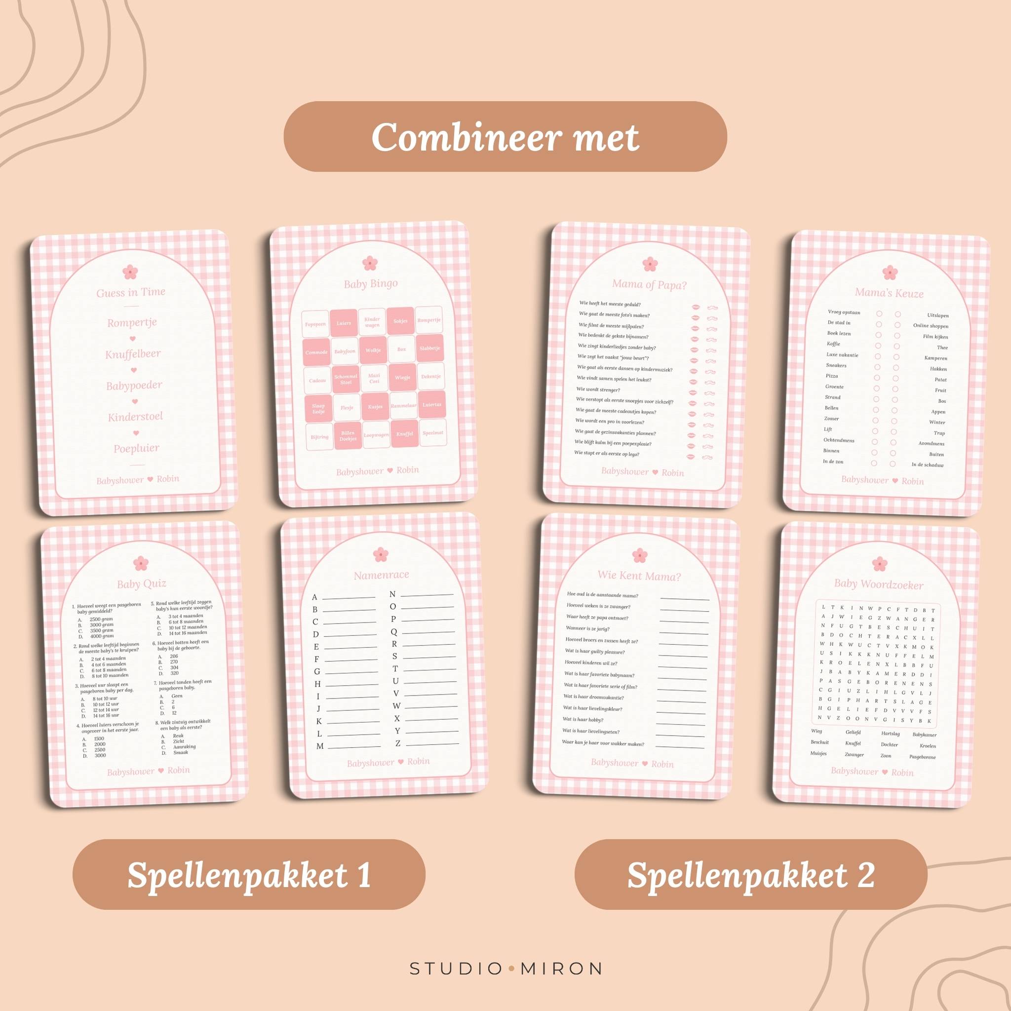 Babyshower invulkaarten combineer met spellenpakket 1 en spellenpakket 2 gingham roze Studio Miron