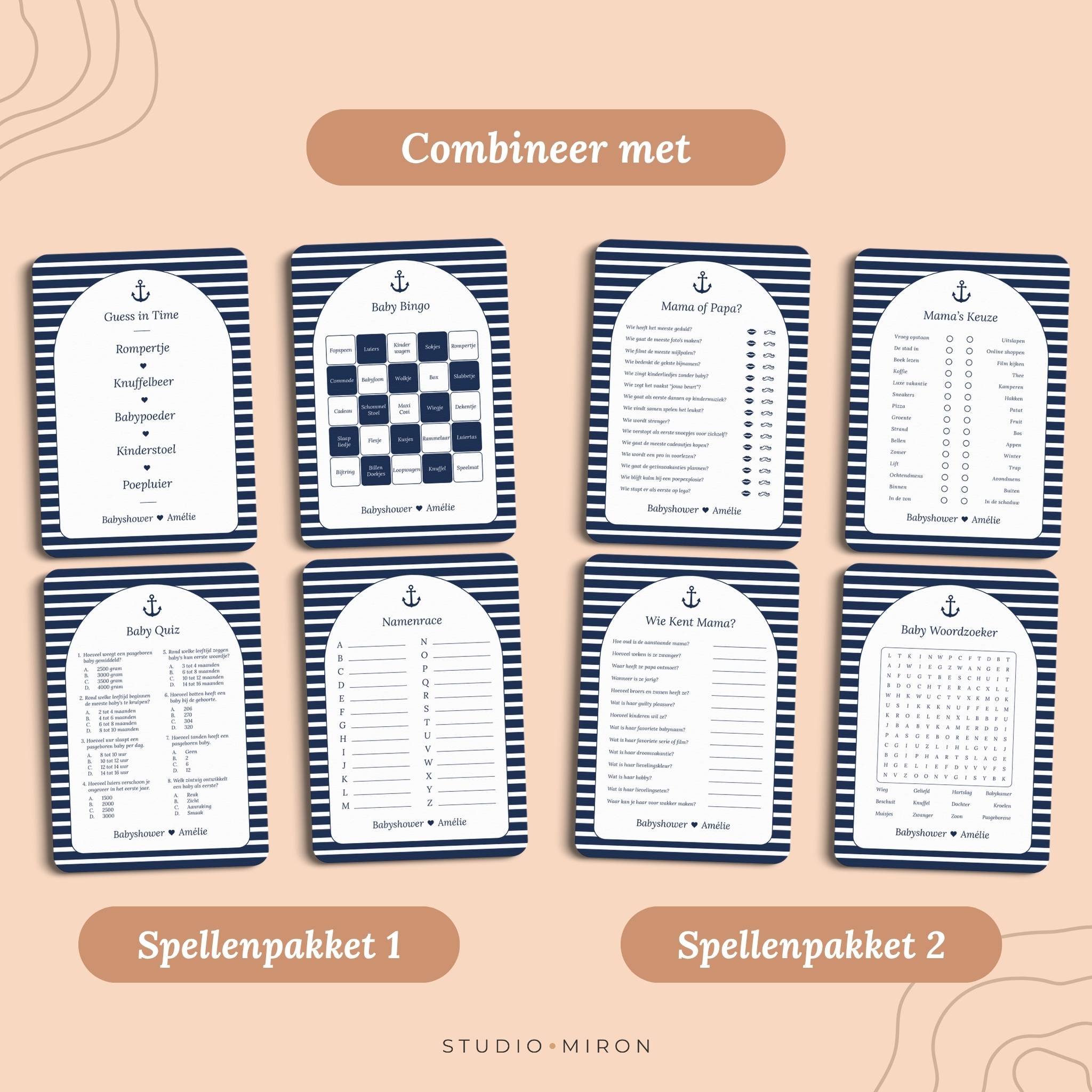 Babyshower invulkaarten combineer met spellenpakket 1 en spellenpakket 2 navy blue Studio Miron