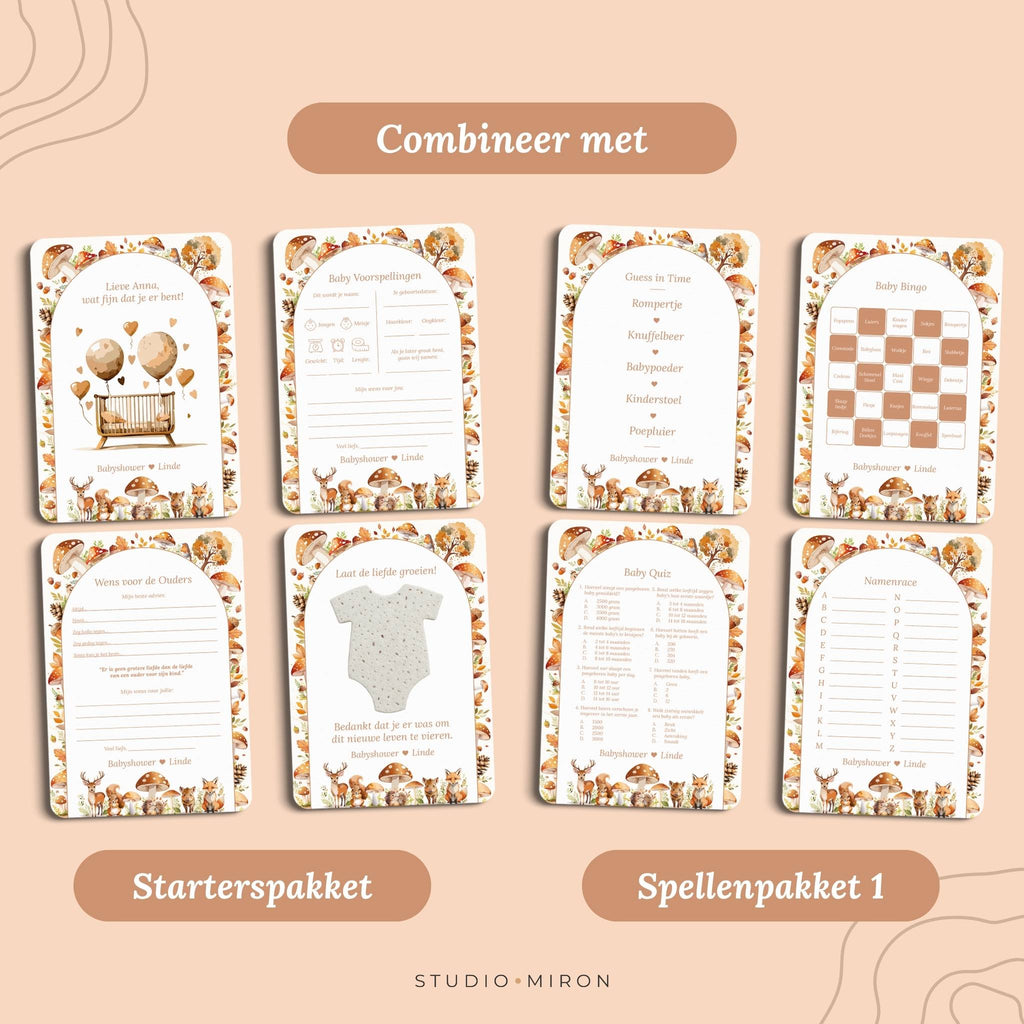 Babyshower invulkaarten combineer met starterspakket en spellenpakket 1 bosdieren Studio Miron
