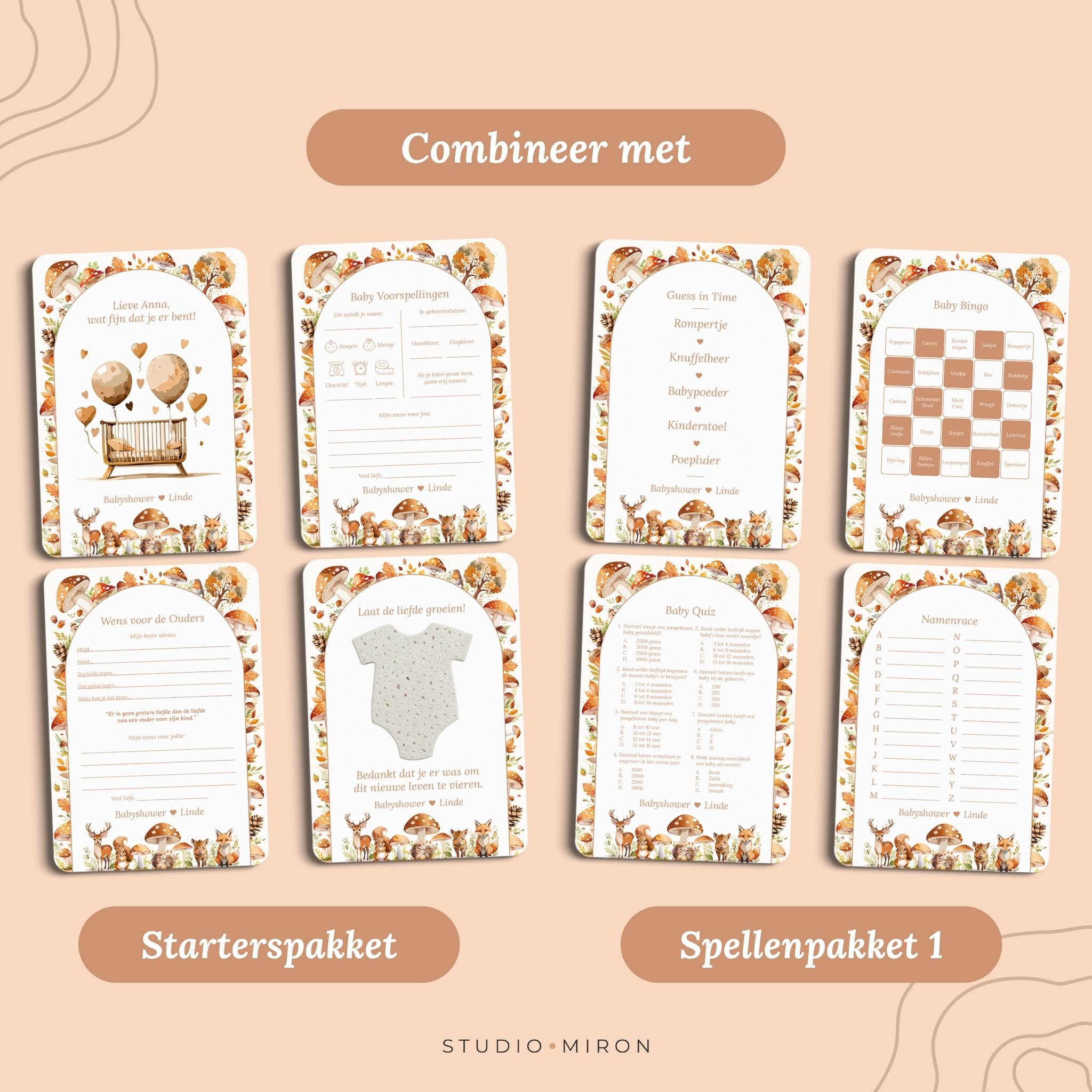 Babyshower invulkaarten combineer met starterspakket en spellenpakket 1 bosdieren Studio Miron