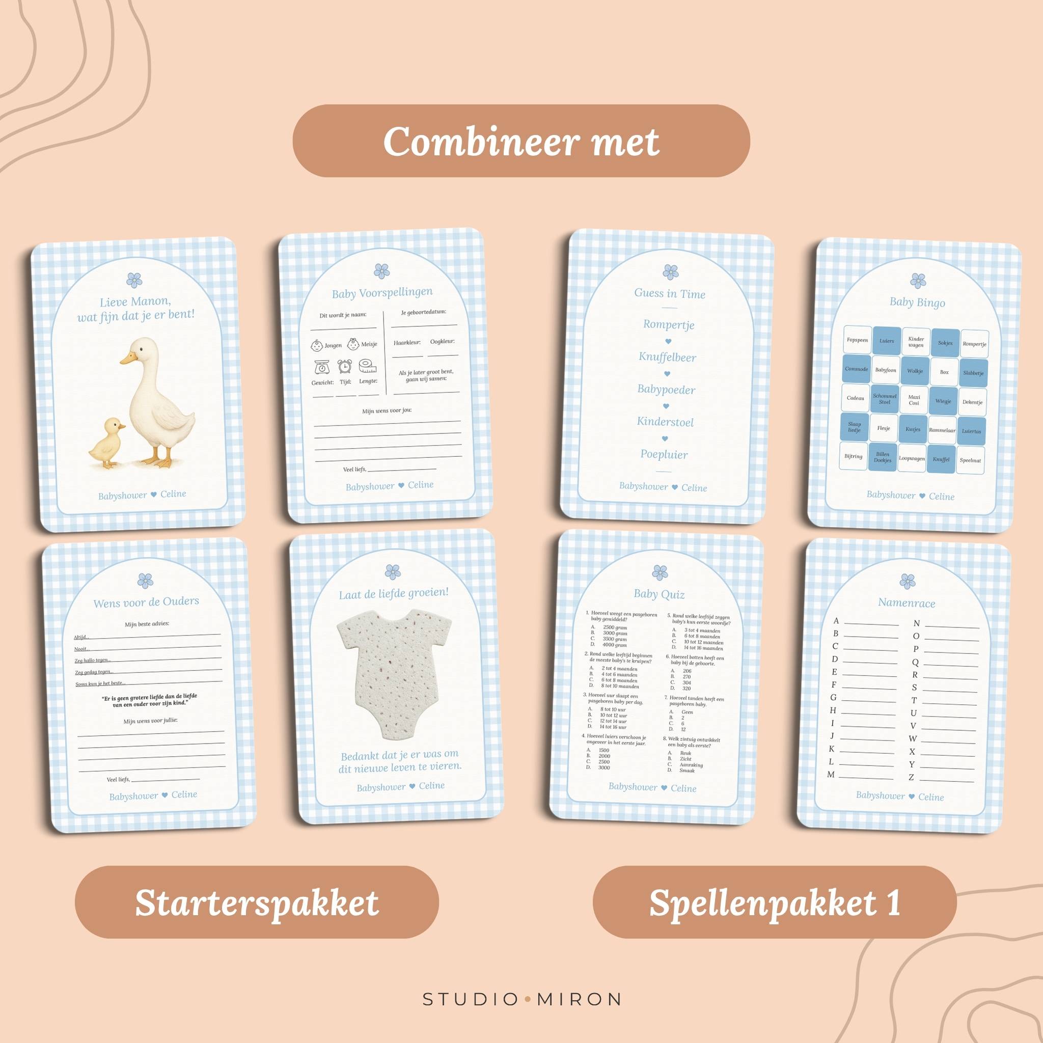 Babyshower invulkaarten combineer met starterspakket en spellenpakket 1 gingham blauw Studio Miron