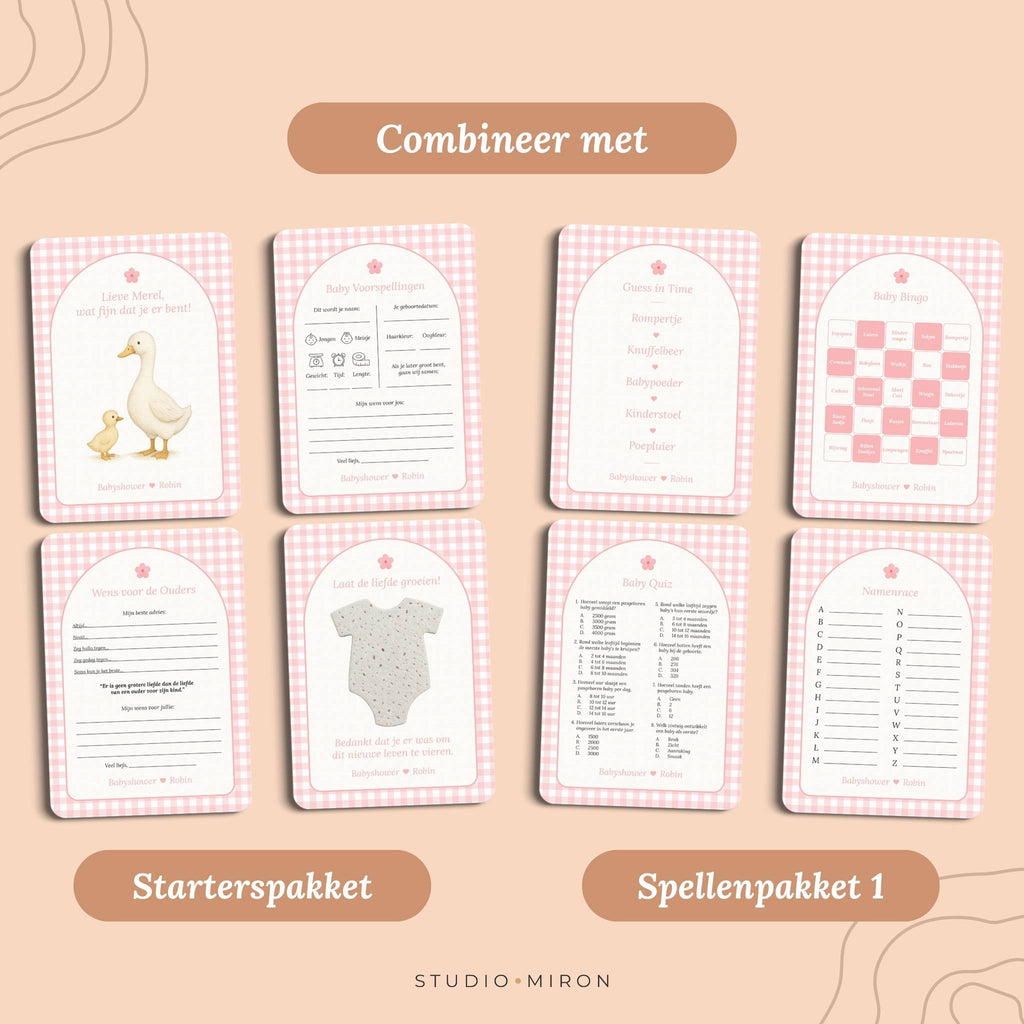 Babyshower invulkaarten combineer met starterspakket en spellenpakket 1 gingham roze Studio Miron