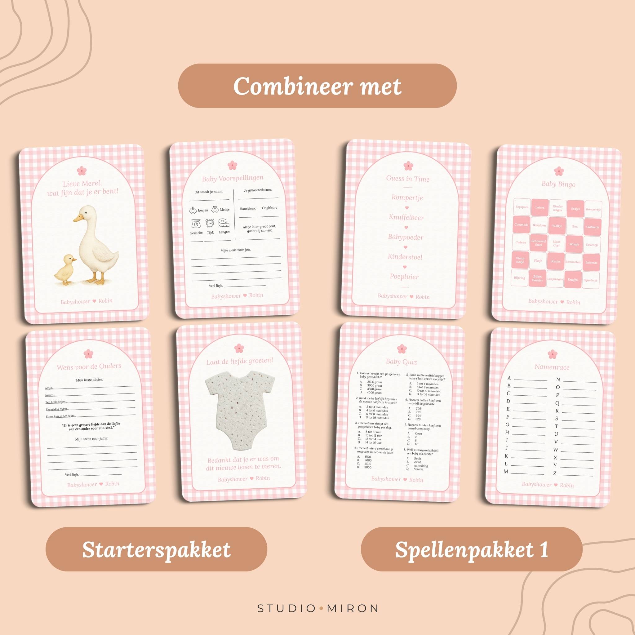 Babyshower invulkaarten combineer met starterspakket en spellenpakket 1 gingham roze Studio Miron