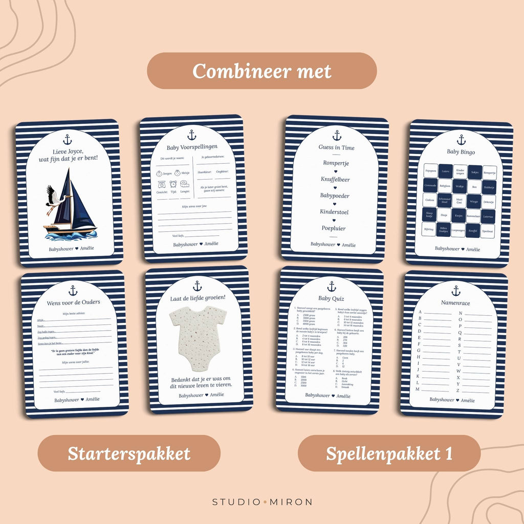 Babyshower invulkaarten combineer met starterspakket en spellenpakket 1 navy blue Studio Miron