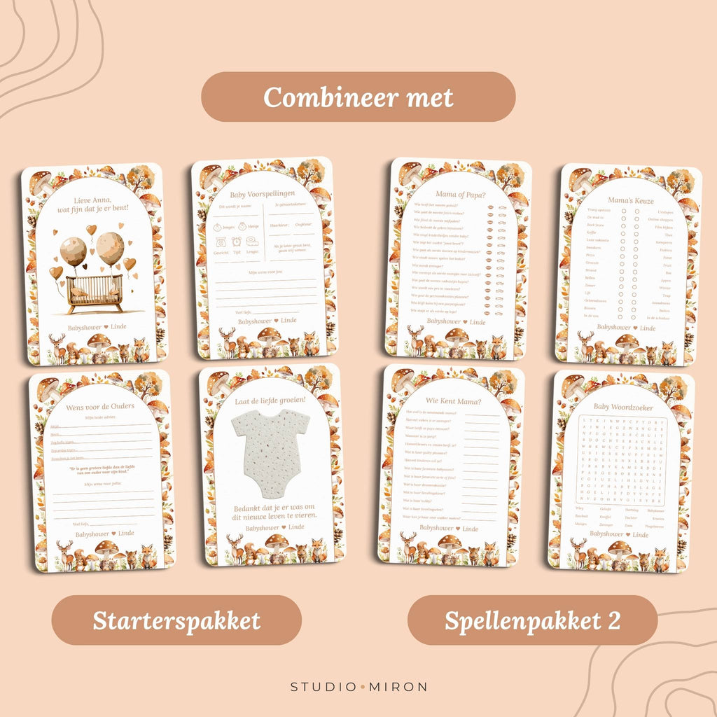 Babyshower invulkaarten combineer met starterspakket en spellenpakket 2 bosdieren Studio Miron
