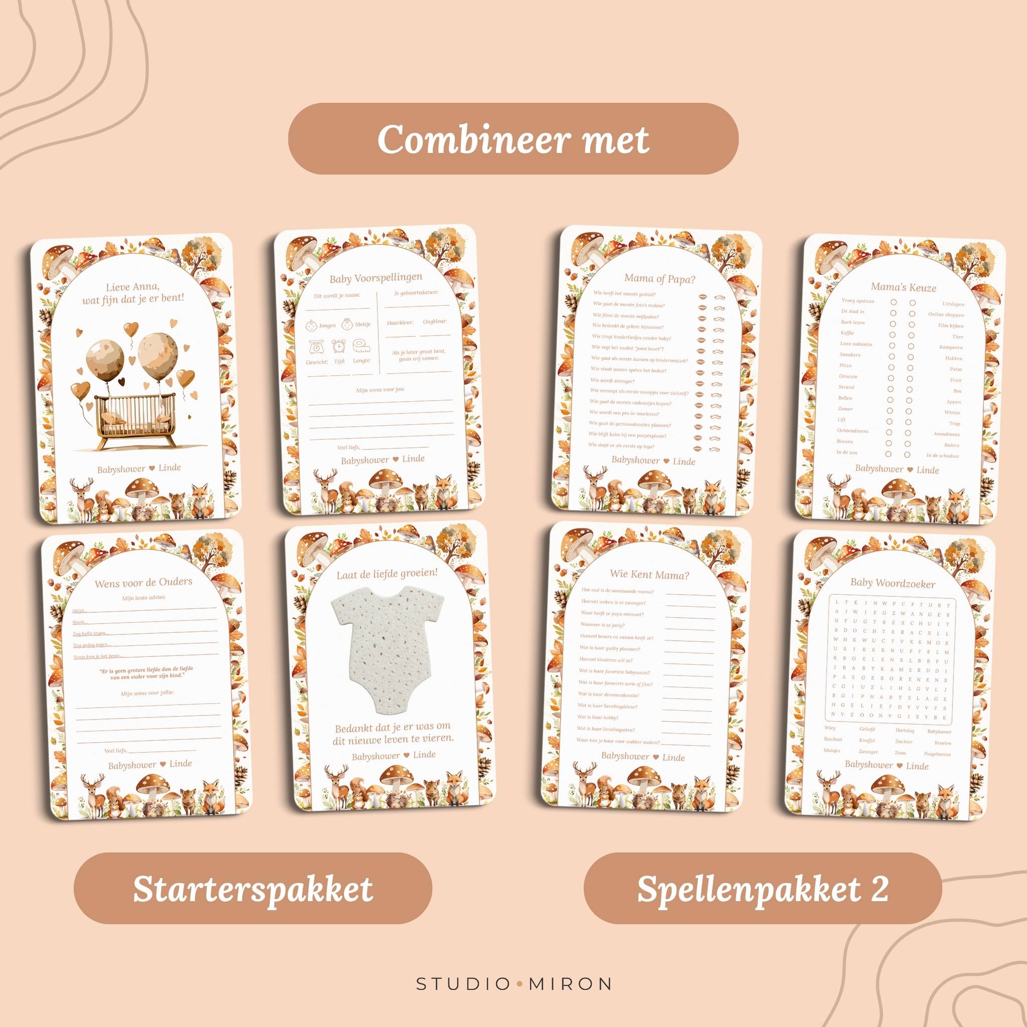 Babyshower invulkaarten combineer met starterspakket en spellenpakket 2 bosdieren Studio Miron