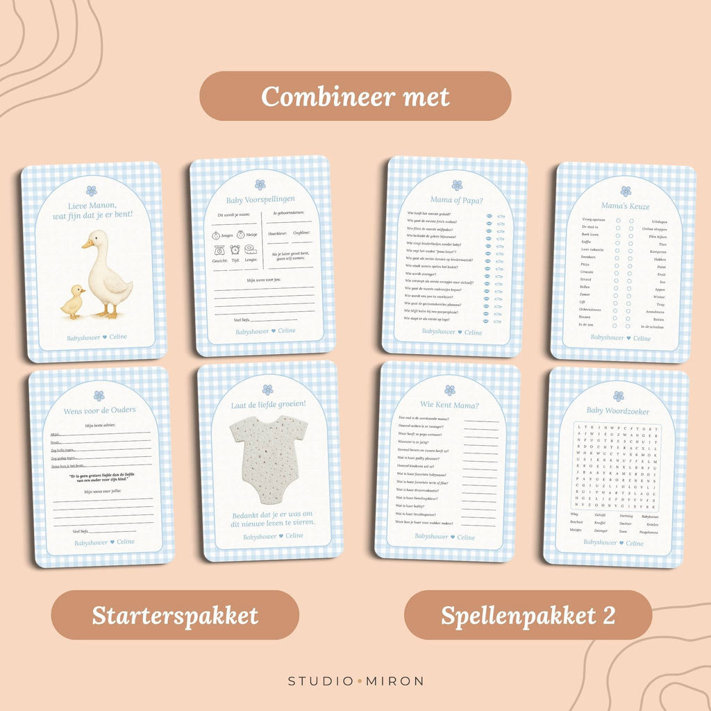 Babyshower invulkaarten combineer met starterspakket en spellenpakket 2 gingham blauw Studio Miron