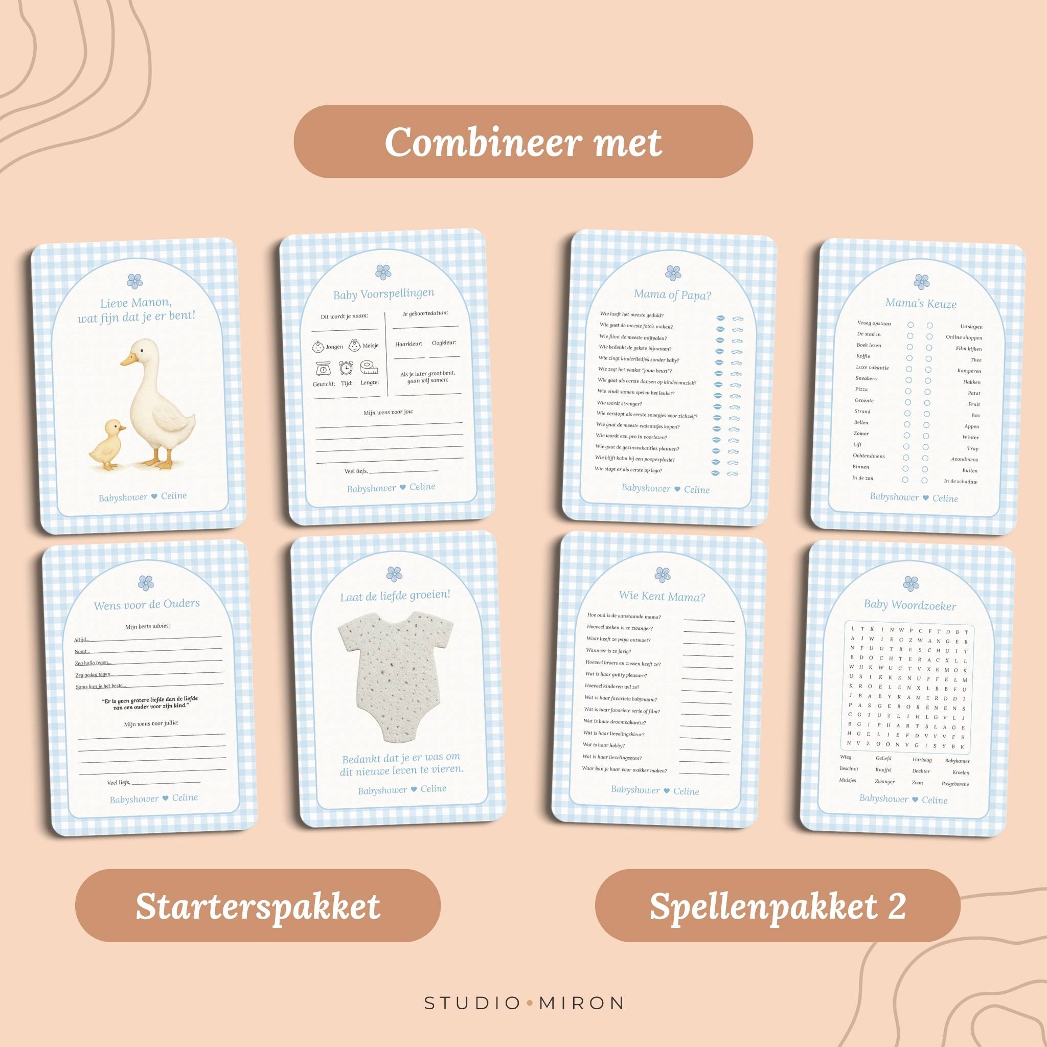 Babyshower invulkaarten combineer met starterspakket en spellenpakket 2 gingham blauw Studio Miron