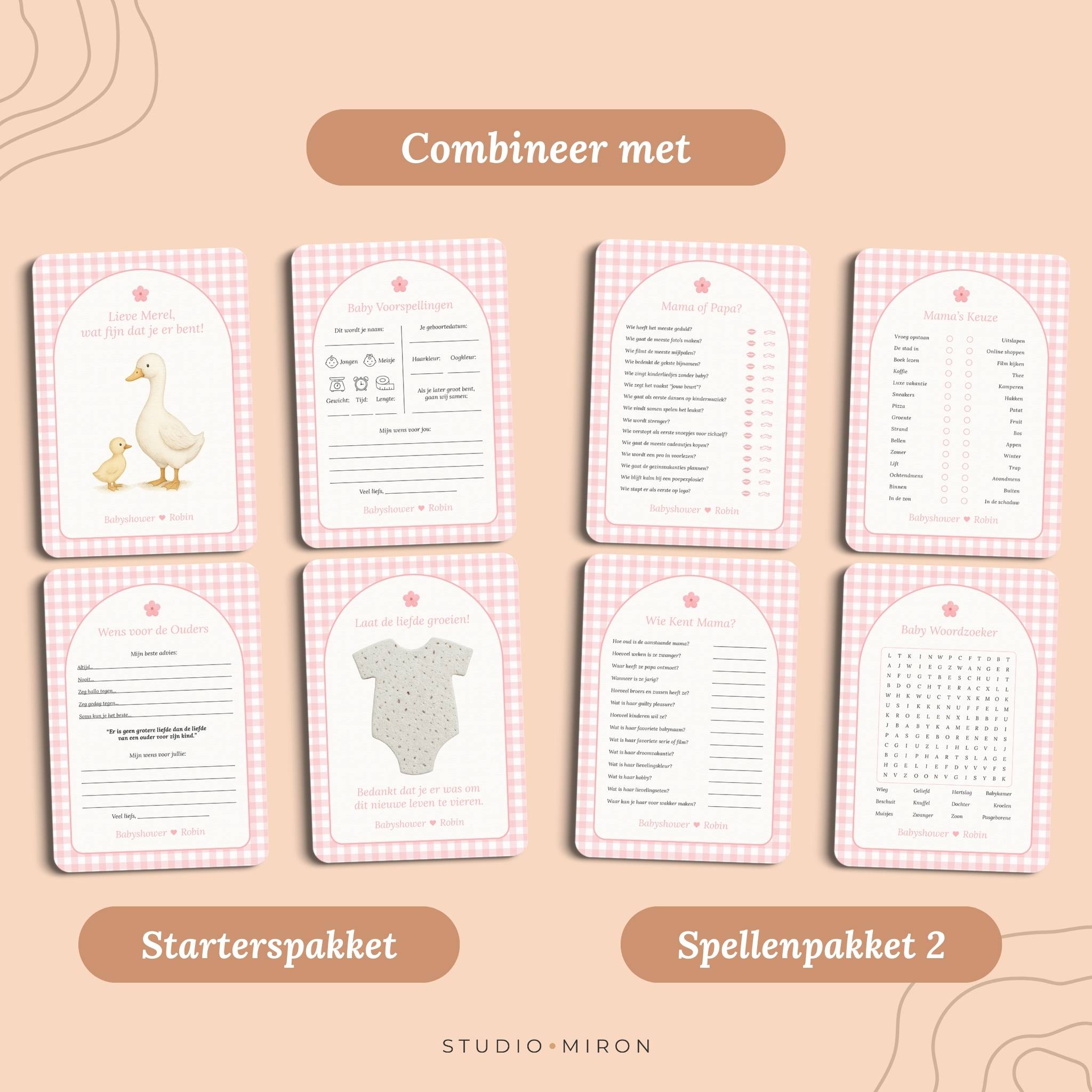Babyshower invulkaarten combineer met starterspakket en spellenpakket 2 gingham roze Studio Miron