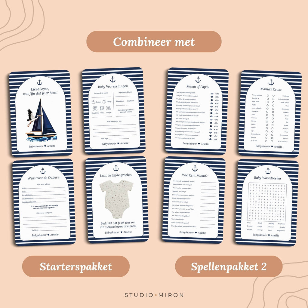 Babyshower invulkaarten combineer met starterspakket en spellenpakket 2 navy blue Studio Miron