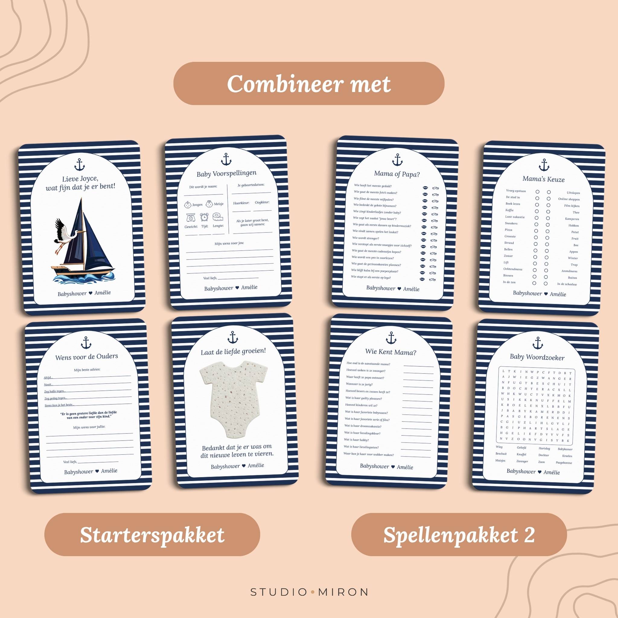 Babyshower invulkaarten combineer met starterspakket en spellenpakket 2 navy blue Studio Miron