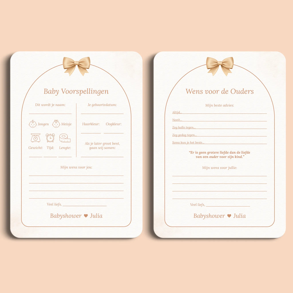 Babyshower invulkaarten pakket Boho Strik – gepersonaliseerdemet naam aanstaande moeder, gedrukt op stevig papier, Studio Miron