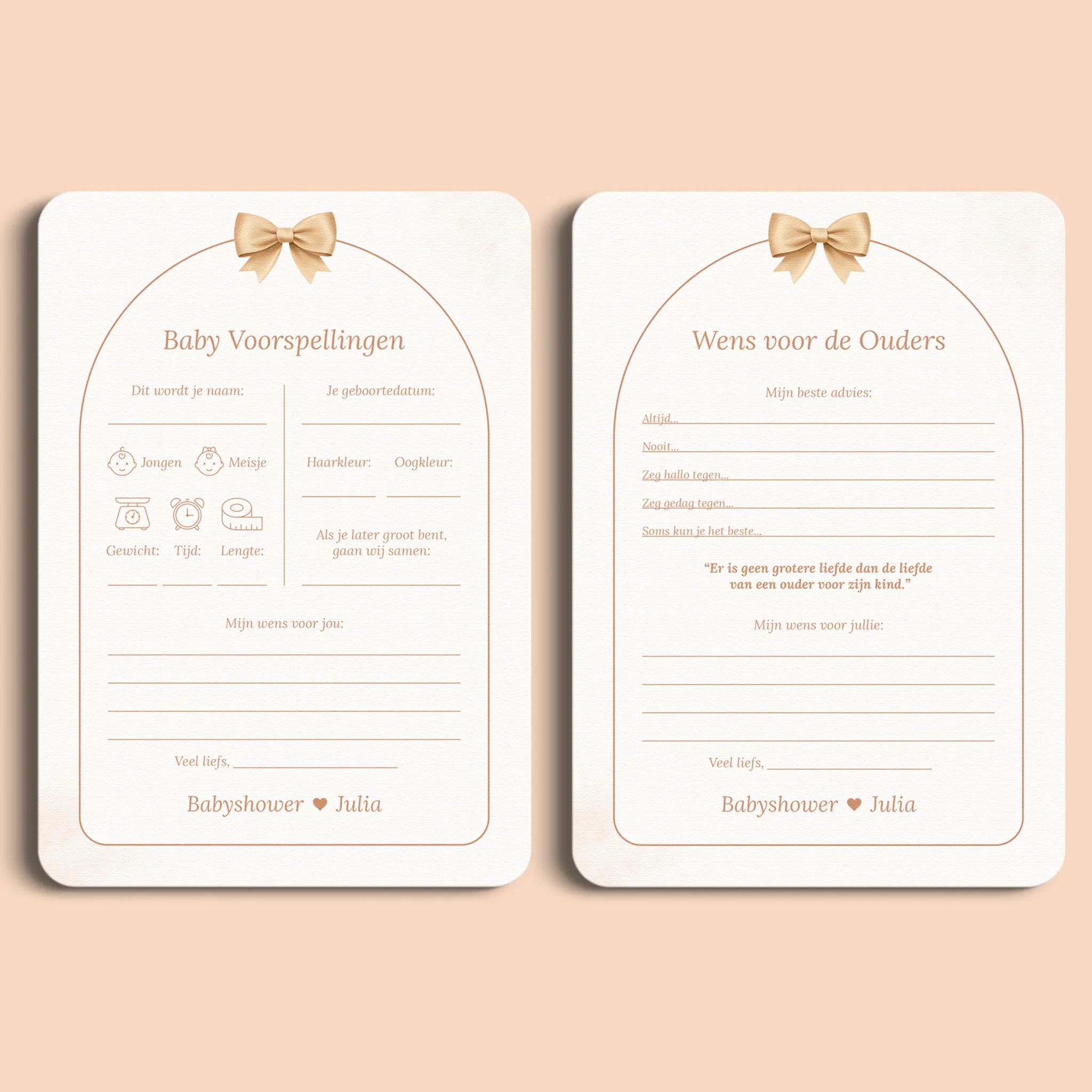 Babyshower invulkaarten pakket Boho Strik – gepersonaliseerdemet naam aanstaande moeder, gedrukt op stevig papier, Studio Miron