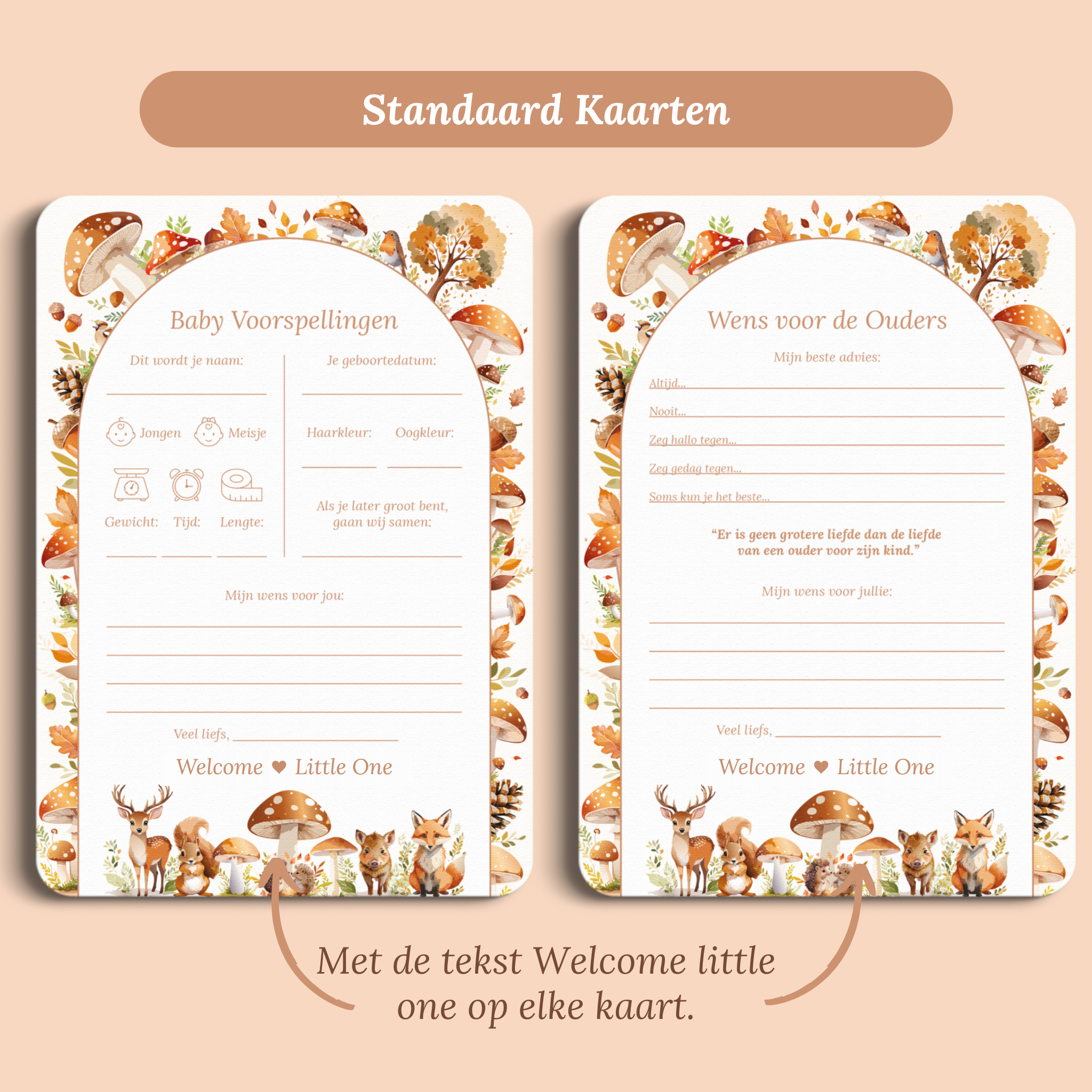 Babyshower invulkaarten Pakket in Bosdieren stijl, standaardversie met Welcome Little One – Studio Miron
