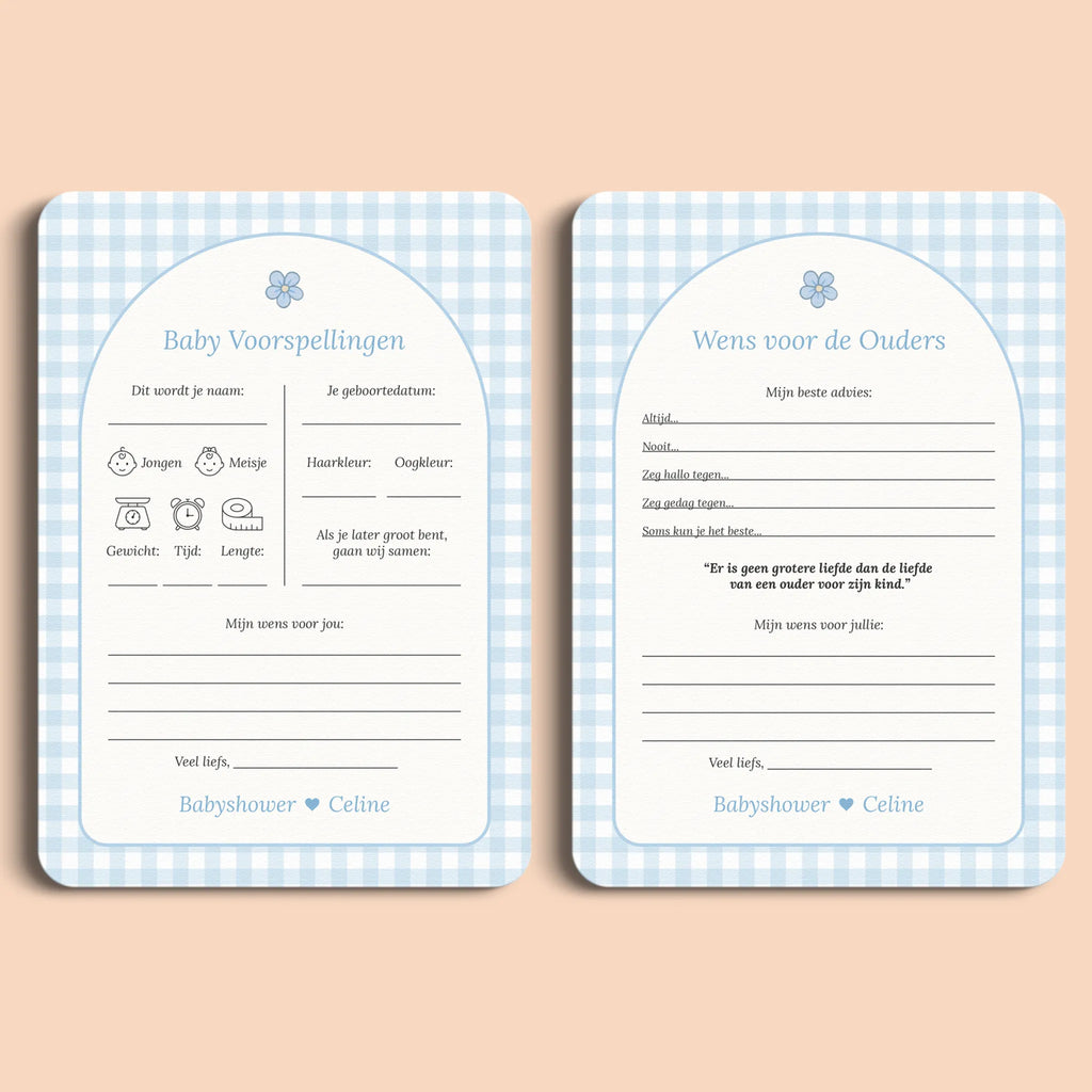 Babyshower invulkaarten pakket gingham blauw gepersonaliseerd Studio Miron