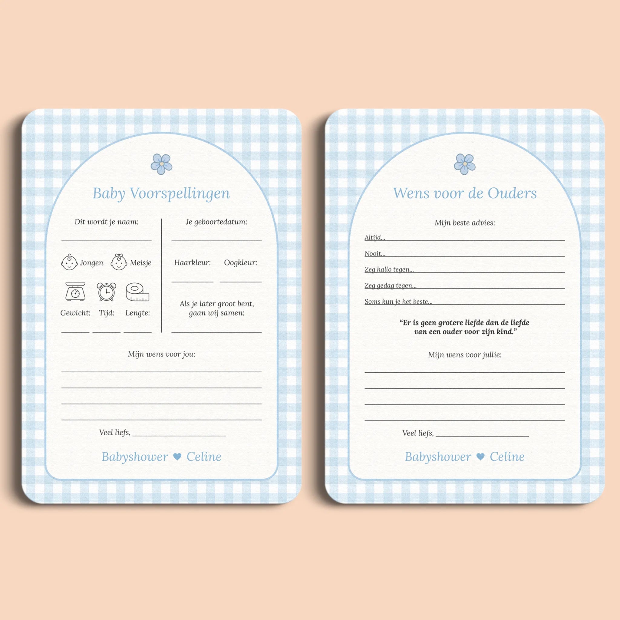 Babyshower invulkaarten pakket gingham blauw gepersonaliseerd Studio Miron