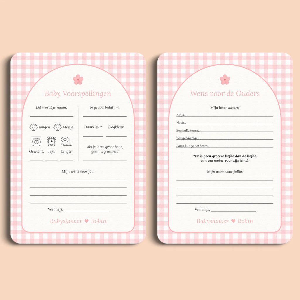 Babyshower invulkaarten pakket gingham roze gepersonaliseerd Studio Miron