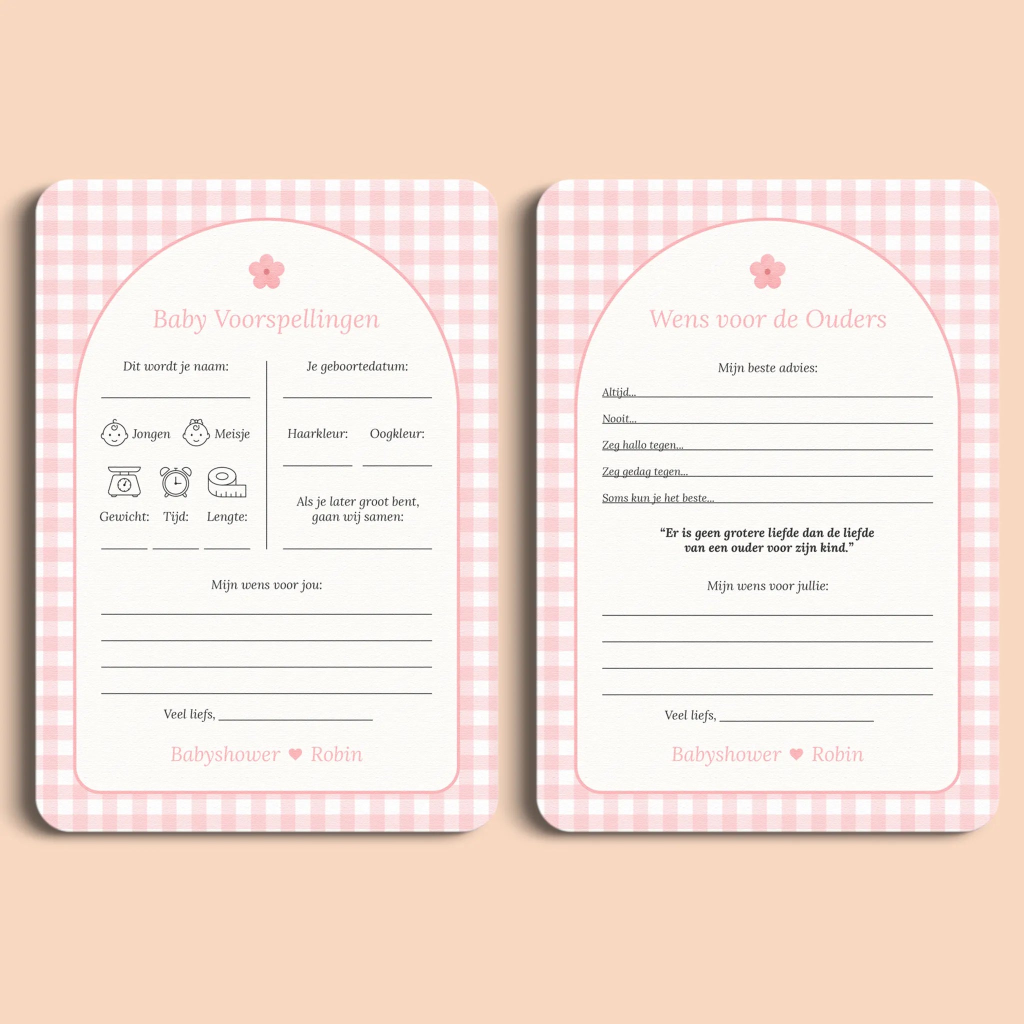 Babyshower invulkaarten pakket gingham roze gepersonaliseerd Studio Miron