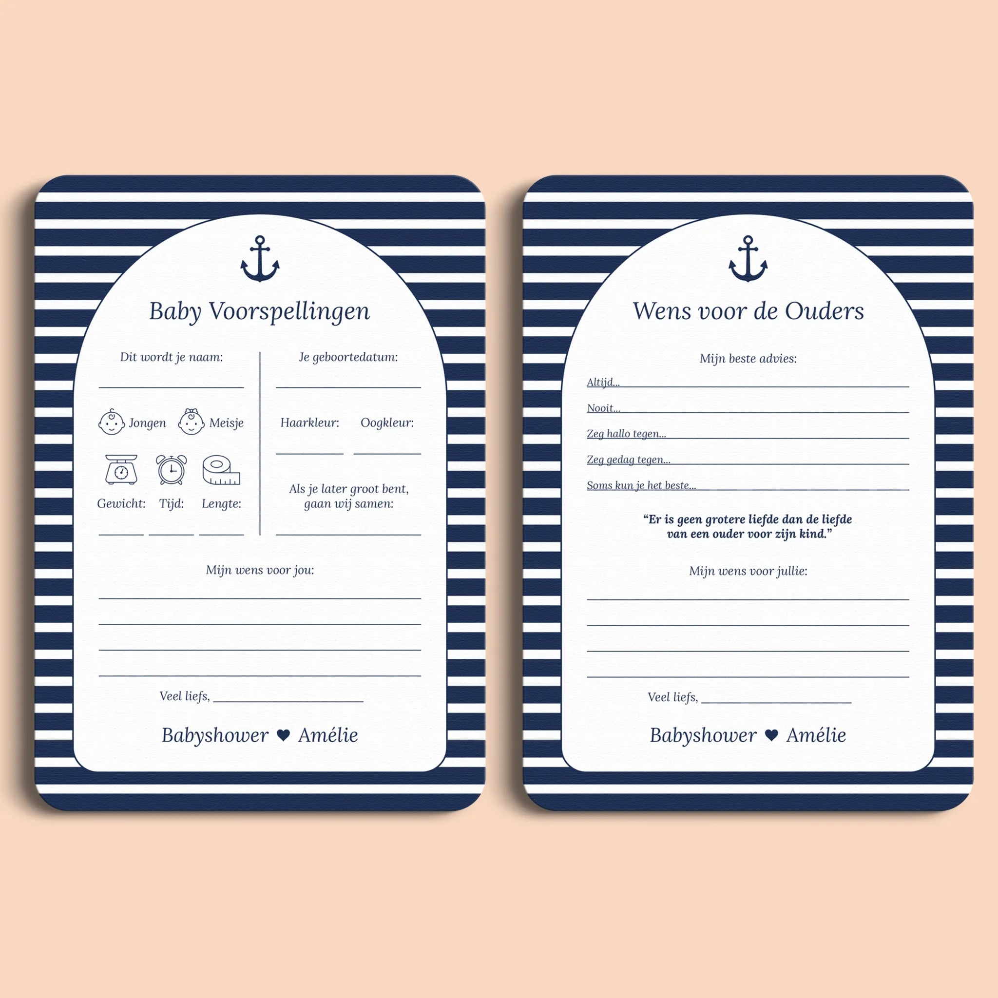 Babyshower invulkaarten Pakket in Navy Blue stijl, inclusief diverse spellen en wensenkaarten, gepersonaliseerd met naam – Studio Miron