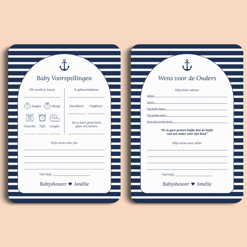 Babyshower invulkaarten Pakket in Navy Blue stijl, voor- en achterkant – Studio Miron
