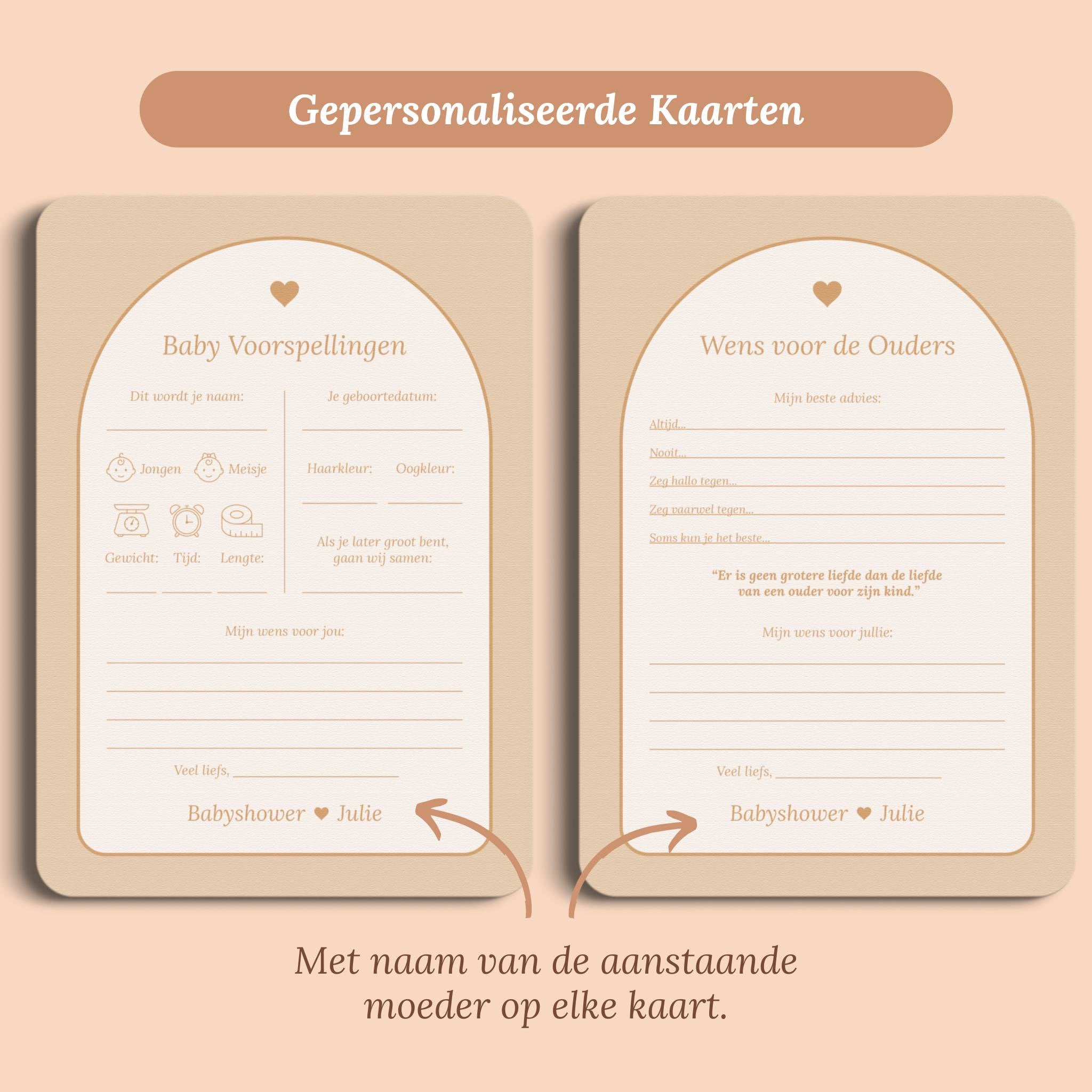 Babyshower invulkaarten set boho zand gepersonaliseerd voor en achter Studio Miron