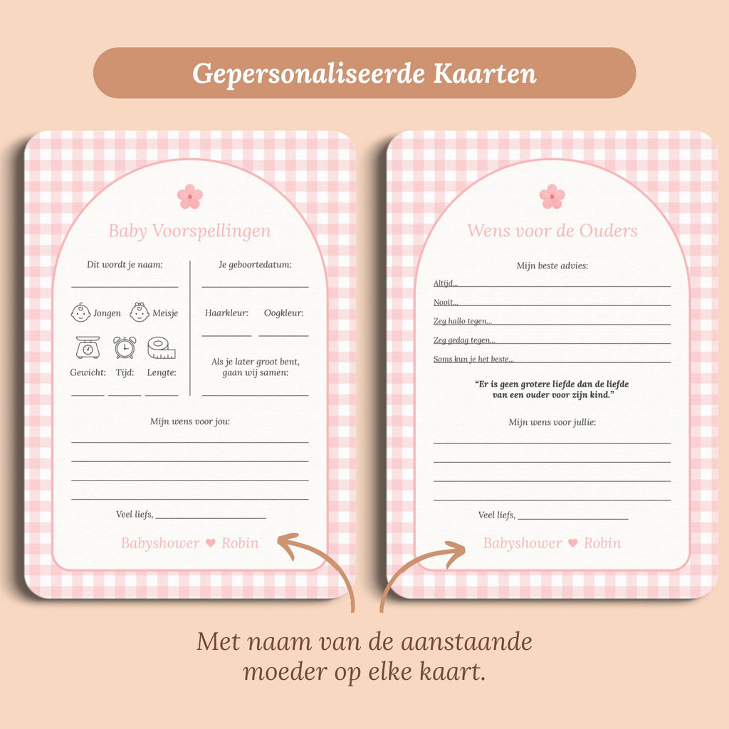 Babyshower invulkaarten set gingham roze gepersonaliseerd voor en achter Studio Miron