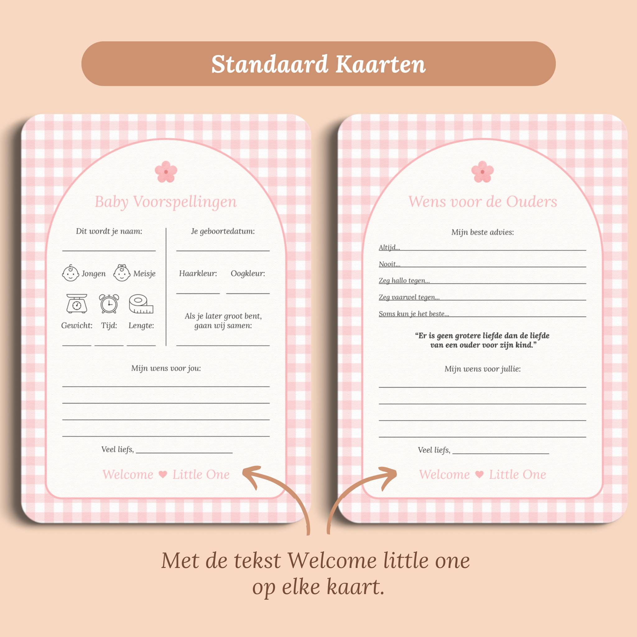 Babyshower invulkaarten set gingham roze standaard voor en achter Studio Miron