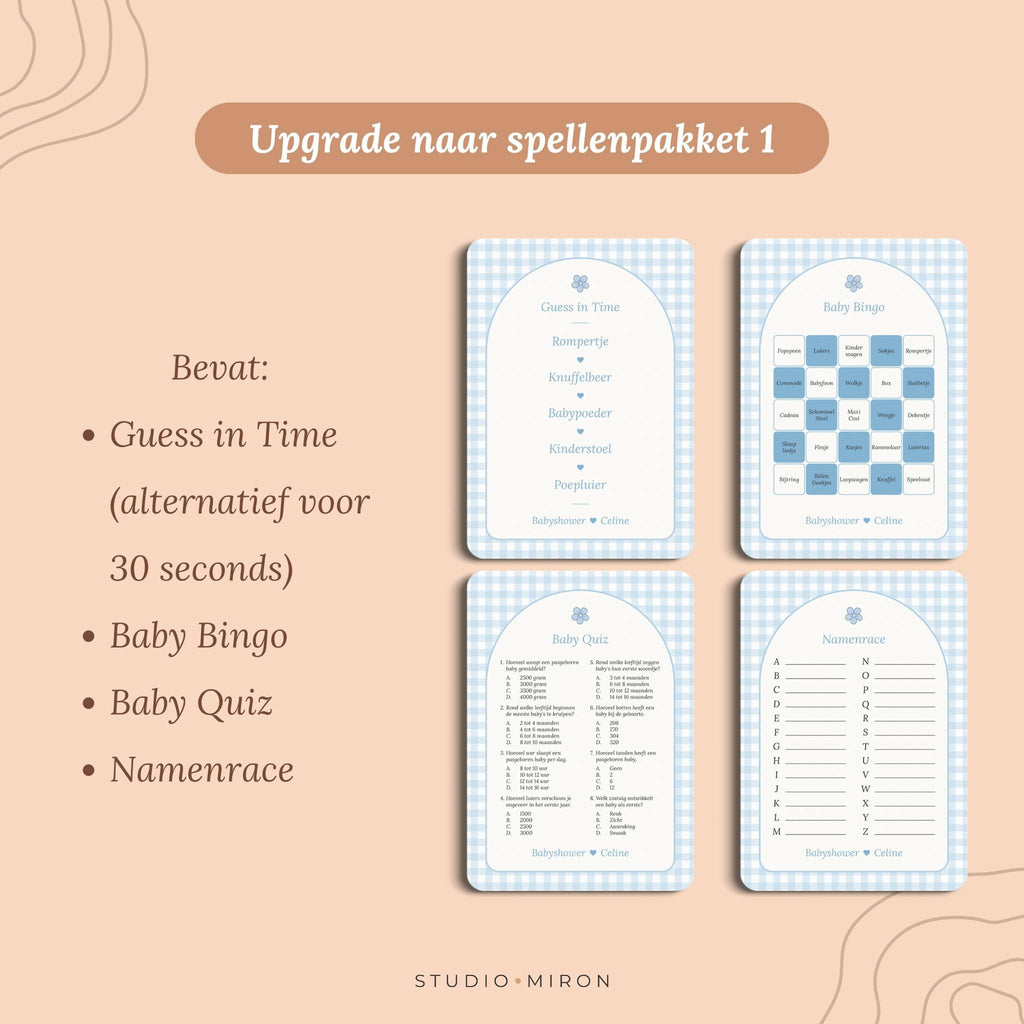 Babyshower invulkaarten upgrade naar spellenpakket 1 gingham blauw Studio Miron