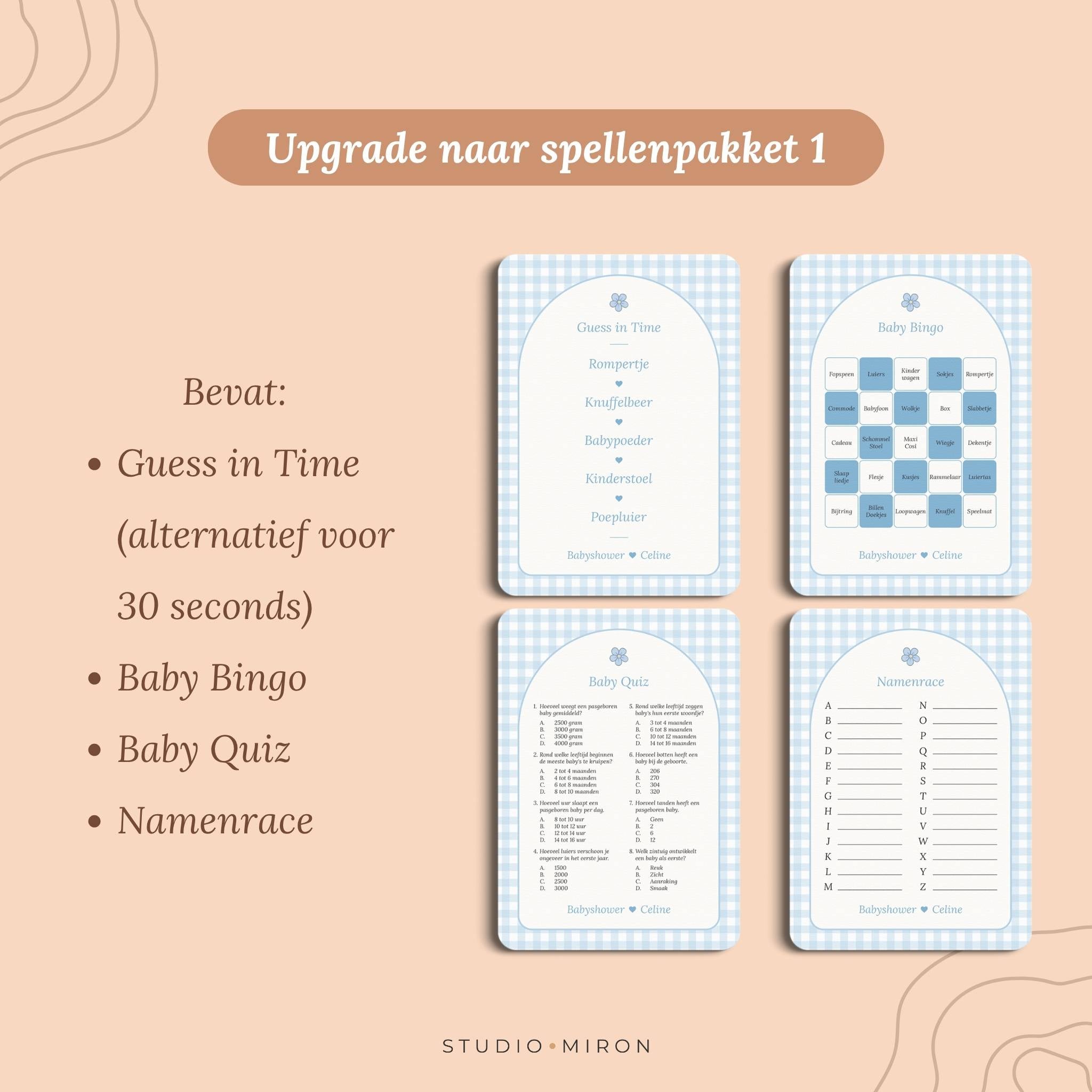 Babyshower invulkaarten upgrade naar spellenpakket 1 gingham blauw Studio Miron