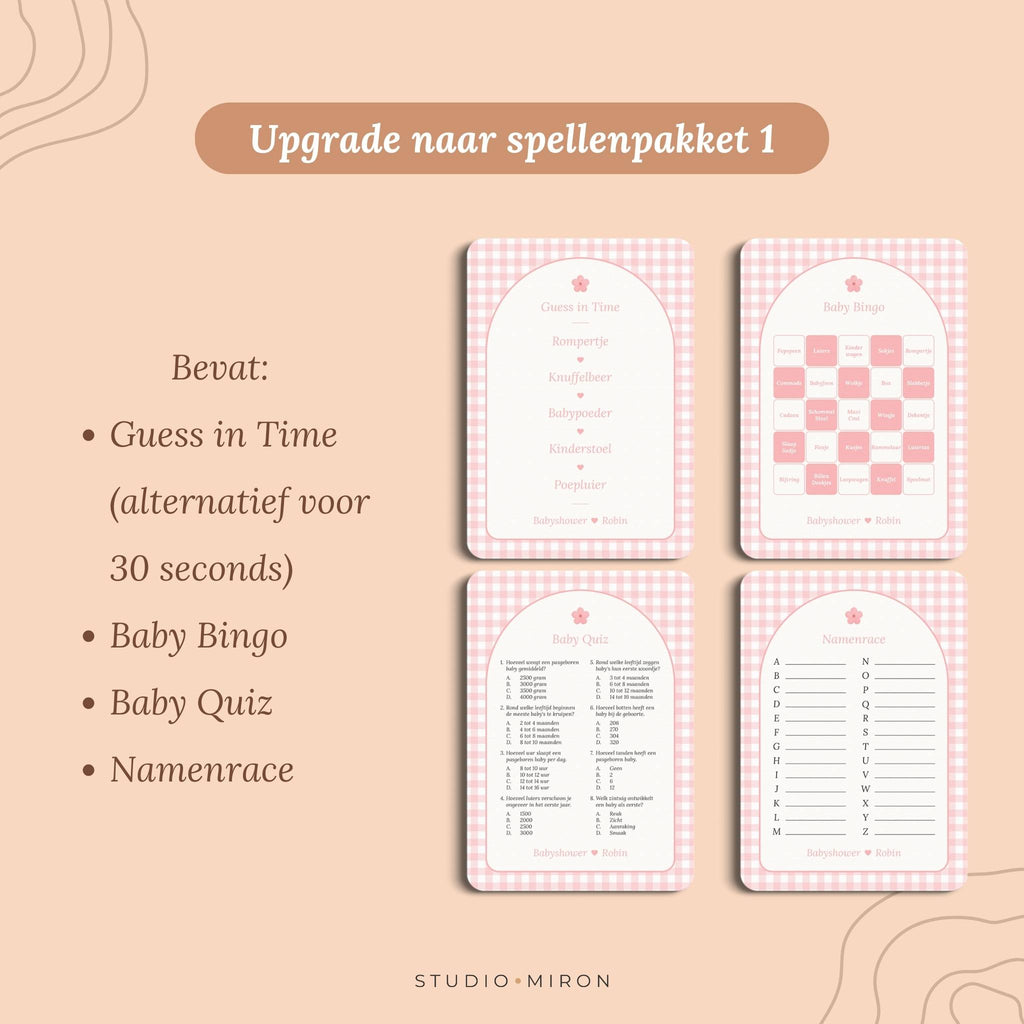 Babyshower invulkaarten upgrade naar spellenpakket 1 gingham roze Studio Miron